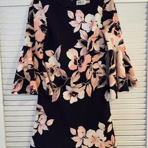 Eliza J Black Dress with Pink and Cream Floral Design